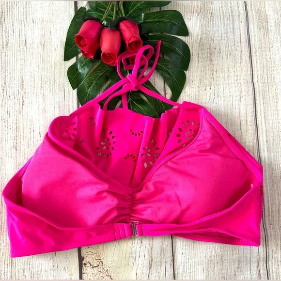 Op Women’s Hot Pink Laser Cut Eyelet Ruffle Halter Neck Bikini Top L - Picture 6 of 8